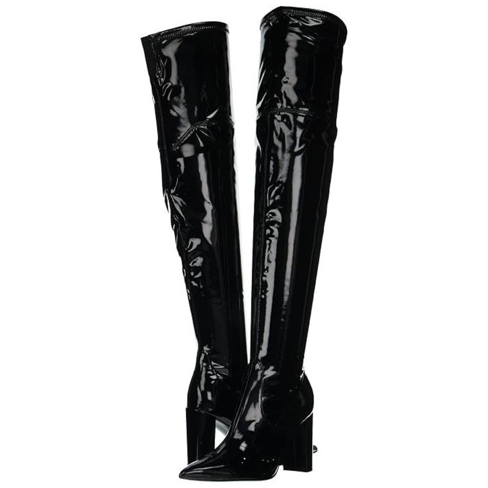 Nine West Footwear Women's Daser Knee Boot Pointed Toe Block Heel Black Patent